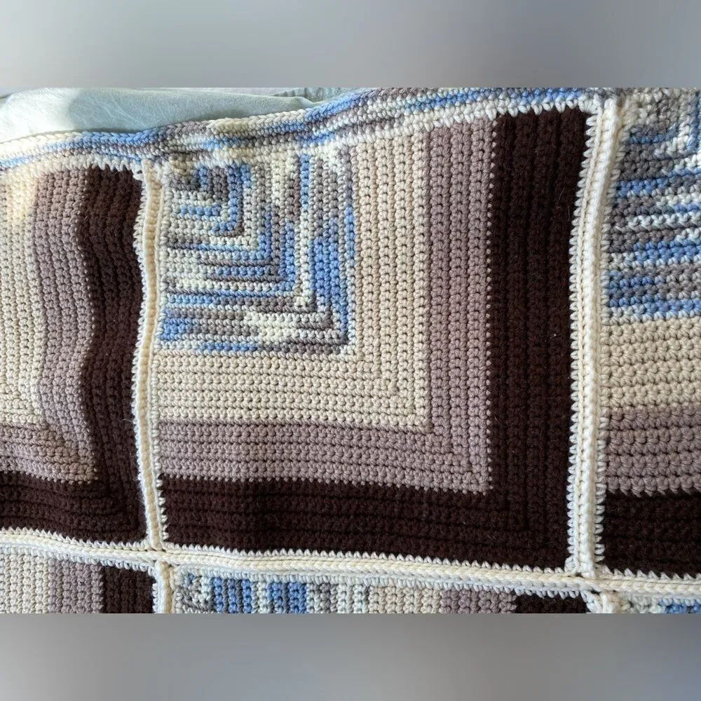 Vintage 1970s Knitted Geometric Bed Throw Blanket